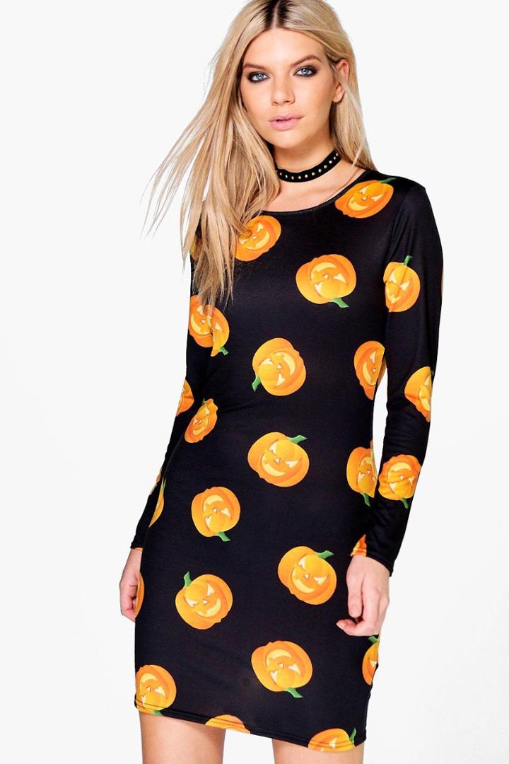 Boohoo Halloween Reema Pumpkin Bodycon Dress Black