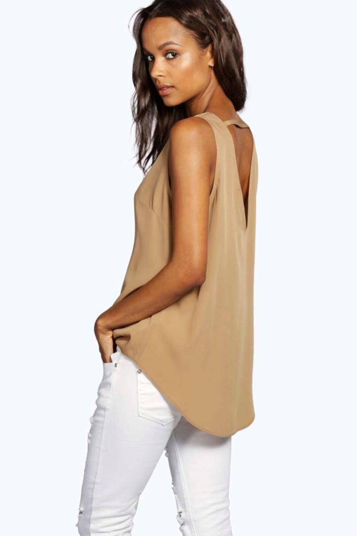Boohoo Imogen Woven Strap Back Top Khaki