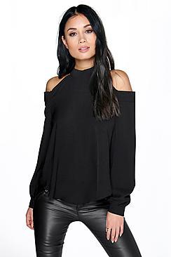 Boohoo Rose Open Shoulder High Neck Blouse
