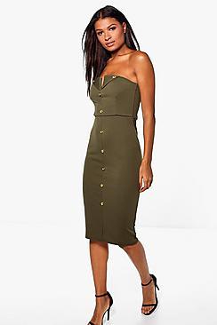 Boohoo Dahlia Button Detail 'v' Bandeau Midi Dress