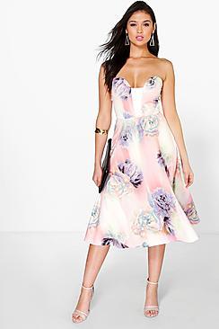 Boohoo Isla Floral Sweetheart Bandeau Midi Skater Dress