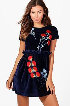 Boohoo Petite Tasha Velvet Frill Waist Skater Dress