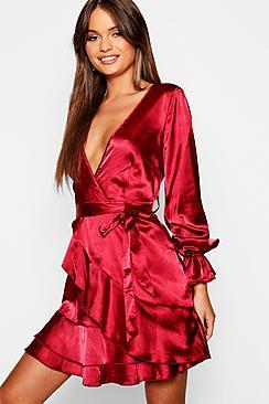 Boohoo Satin Frill Detail Skater Dress
