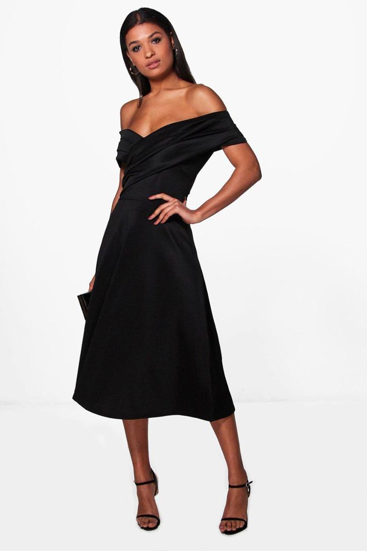 Boohoo Zoe Pleated Off The Shoulder Midi Skater Dress Black