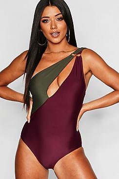 Boohoo One Shoulder Colour Block Swimsuit