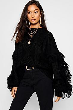 Boohoo Cable Fringe Knit Jumper