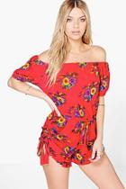 Boohoo Kyra Floral Print Off The Shoulder Woven Playsuit