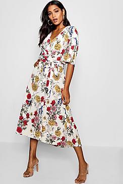 Boohoo Nancy Angel Sleeve Floral Wrap Maxi Dress