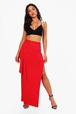 Boohoo Ruby Tie Waist Jersey Front Split Maxi Skirt