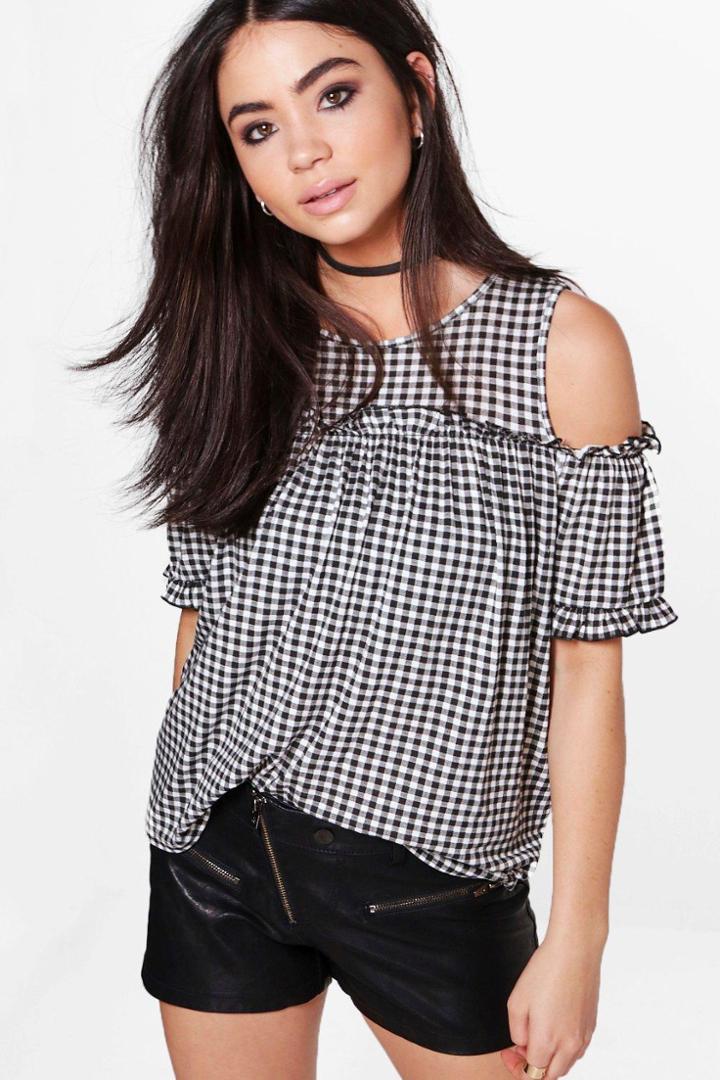 Boohoo Madison Gingham Ruffle Detail Top Black