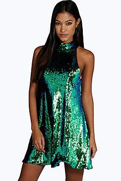 Boohoo Boutique Multi Sequin High Neck Swing Dress