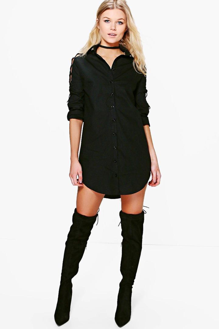 Boohoo Petite Ella Lace Up Sleeve Shirt Dress Black