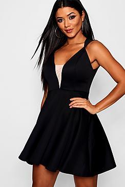 Boohoo Jas Mesh Insert Full Skirt Scuba Skater Dress