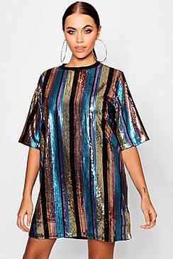 Boohoo Oversized Sequin Stripe T-shirt Dress