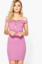 Boohoo Petite Liv Off The Shoulder Lace Up Detail Bodycon Lotus