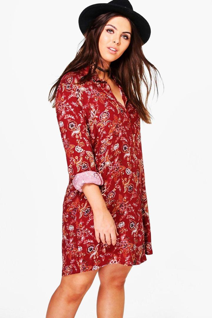 Boohoo Plus Jenni Paisley Shirt Dress Wine