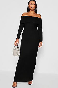Boohoo Plus Jumbo Rib Bardot Maxi Dress