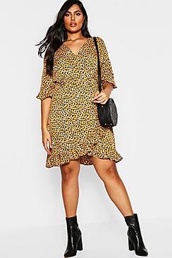 Boohoo Plus Leopard Print Ruffle Skater Dress