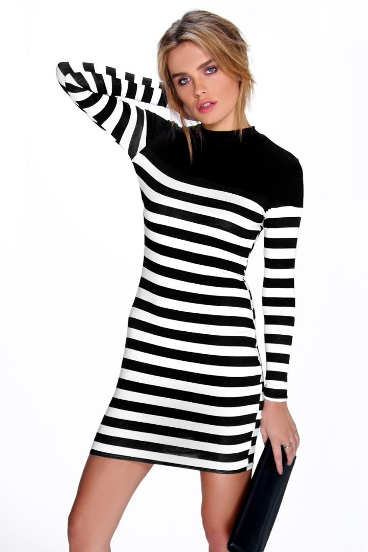 Boohoo Hollie Contrast Stripe High Neck Bodycon Dress Black