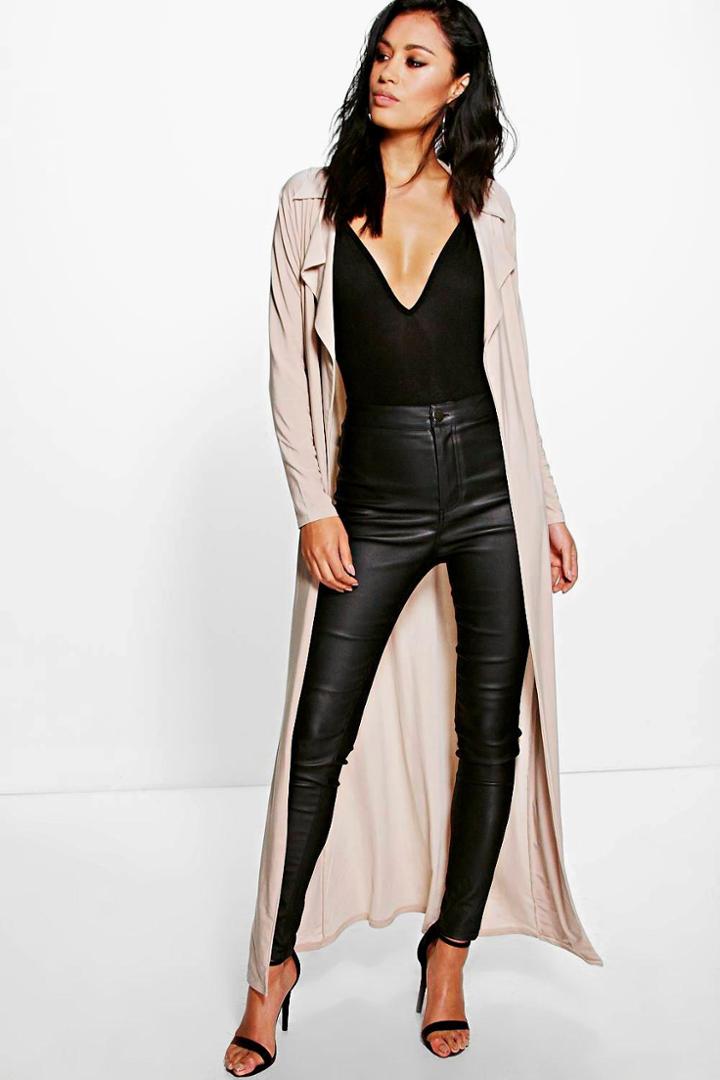 Boohoo Eve Slinky Maxi Trench Stone