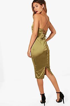 Boohoo Izzy Satin Strappy Back Plunge Midi Dress