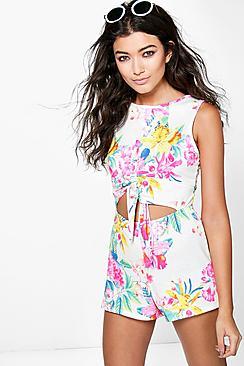Boohoo Lola Open Front Tie Waist Floral Playsuit