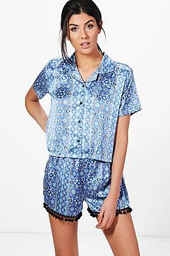 Boohoo Casey Aztec Print Pom Pom Shirt + Short Pj Set