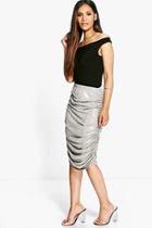 Boohoo Beau Metallic Rouched Side Midi Skirt Gold