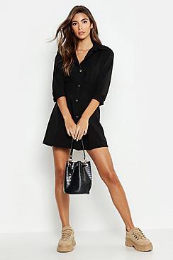 Boohoo Tonal Utility Shirred Waist Shirt Dress