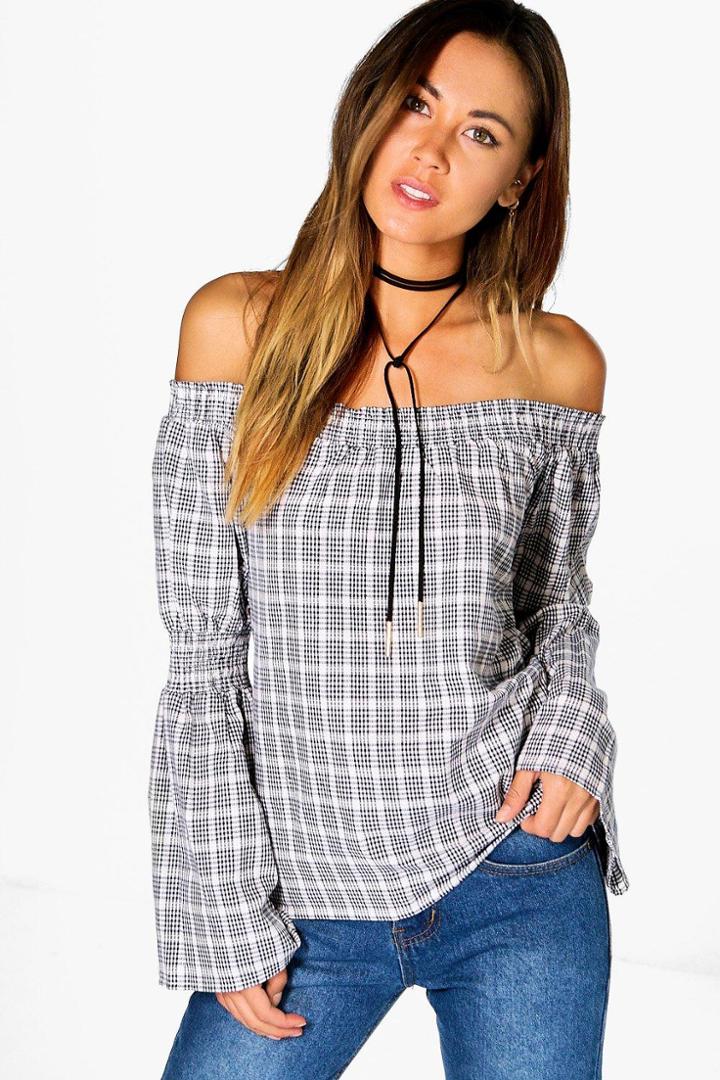 Boohoo Casey Gingham Bardot Top Navy