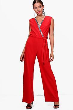 Boohoo Chain Trim Wrap Front Jumpsuit