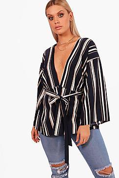 Boohoo Plus Beth Woven Stripe Belted Top
