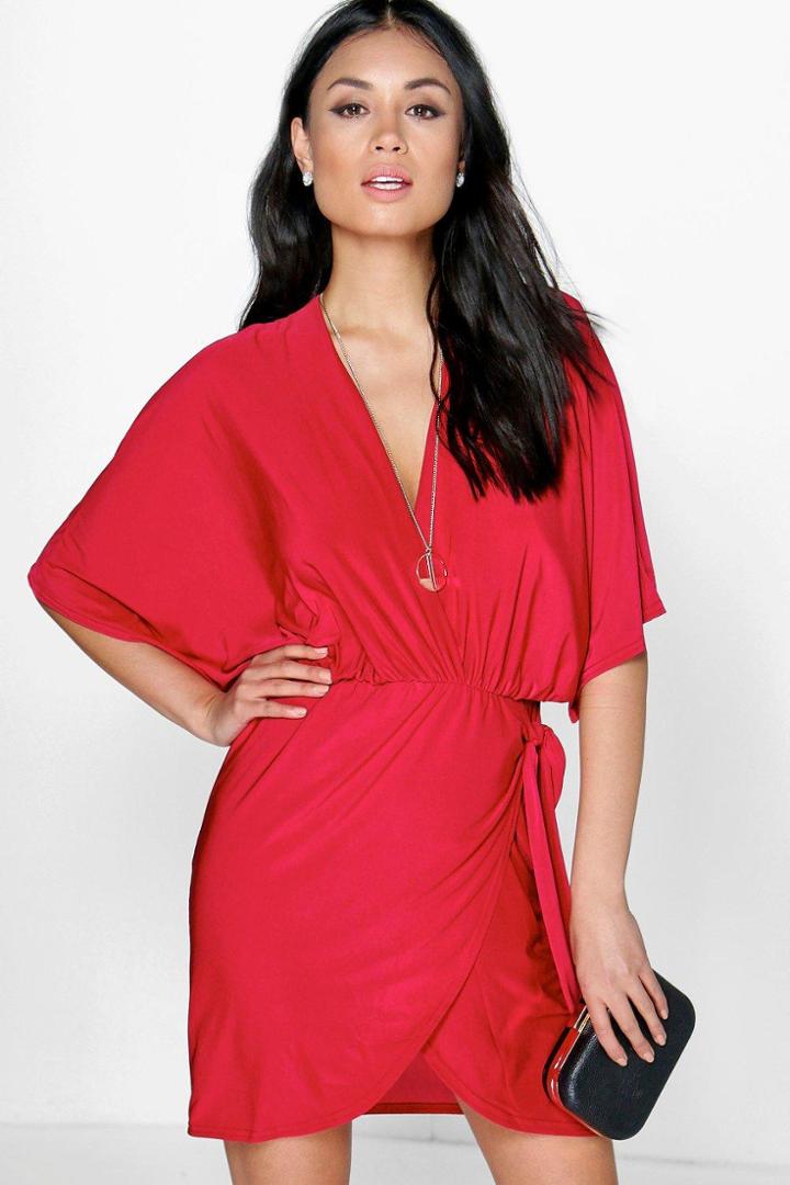 Boohoo Hannah Oversized Wrap Top Bodycon Dress Scarlet