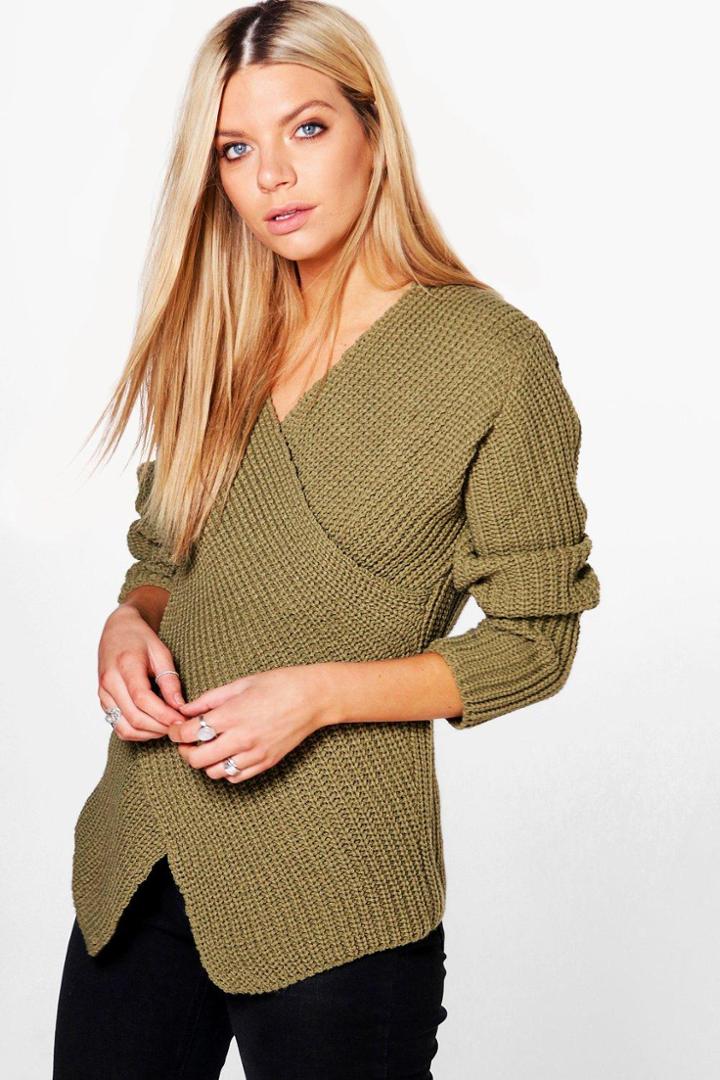 Boohoo Faye Cross Front V Neck Jumper Khaki