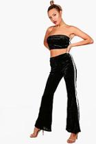 Boohoo Rose Velvet Sports Stripe Bandeau Wide Leg