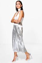 Boohoo Amelle Pleat Front Tailored Satin Culottes Silver