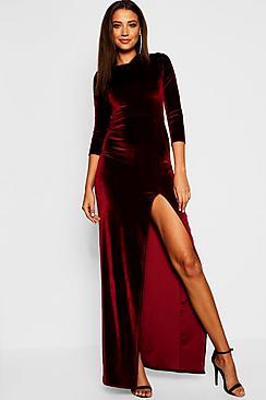 Boohoo Tall Velvet Thigh Split Maxi Dress