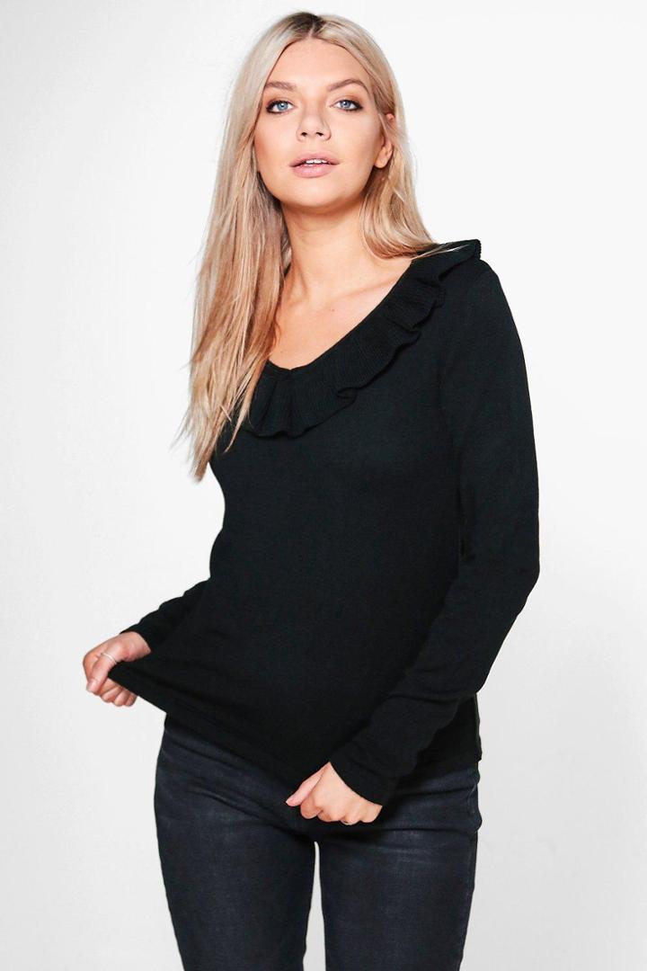 Boohoo Katie V-neck Ruffle Jumper Black