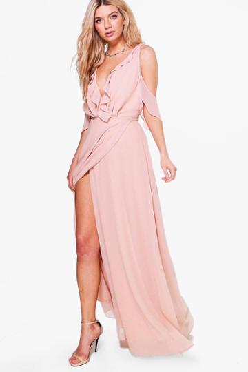 Boohoo Boutique Alaina Chiffon Frill Wrap Maxi Dress Blush