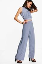 Boohoo Mia Slinky High Neck Crop & Wide Trouser Co-ord Silver