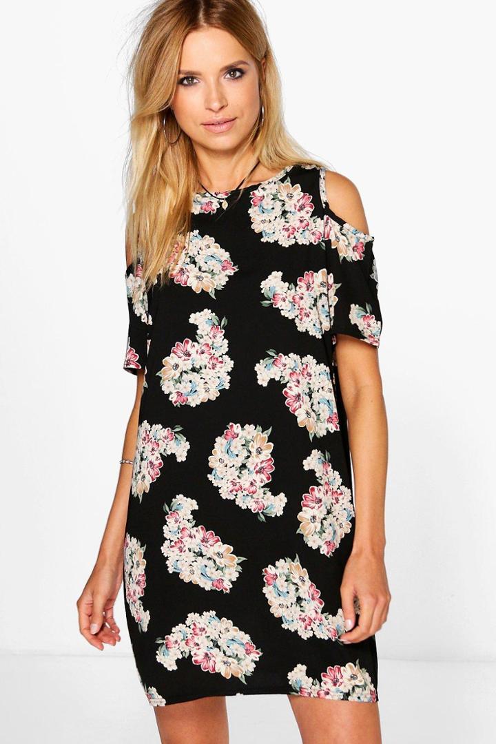 Boohoo Adabelle Cold Shoulder Floral Shift Dress Black