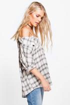 Boohoo Clare Checked Open Shoulder Shirt White