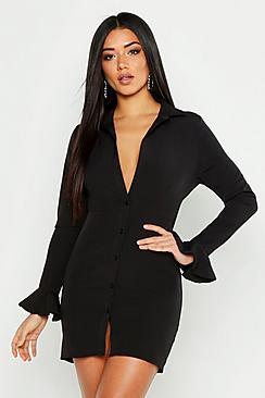 Boohoo Wrap Detail Flared Cuff Shirt Dress