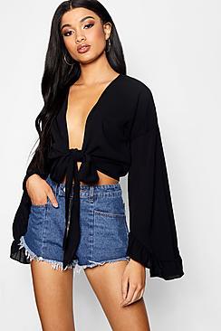 Boohoo Hannah Tie Front Frill Sleeve Top