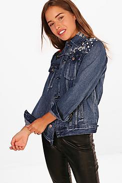 Boohoo Petite Ava Pearl And Applique Oversized Denim Jacket