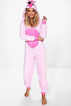 Boohoo Neve Flamingo Hooded Fleece Onesie