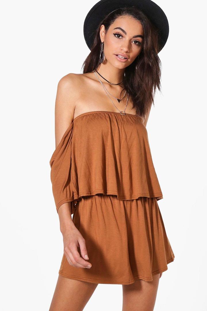 Boohoo Daria Off Shoulder Crop Short Co-ord Set Tan