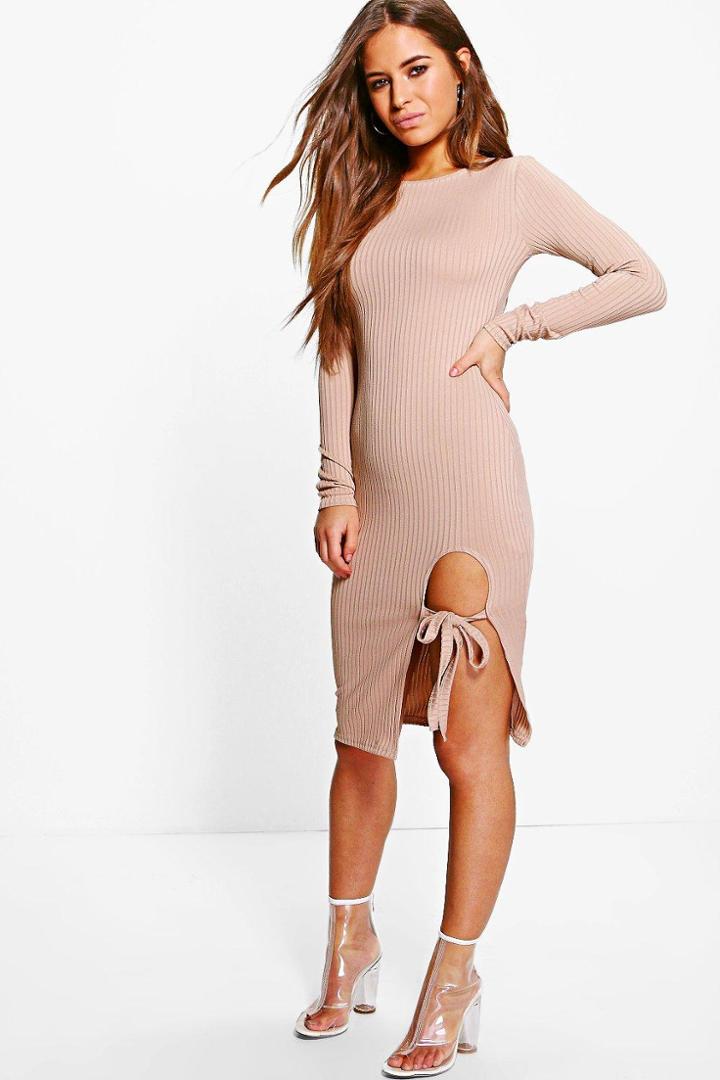 Boohoo Petite Alice Tie Detail Rib Midi Dress Sand