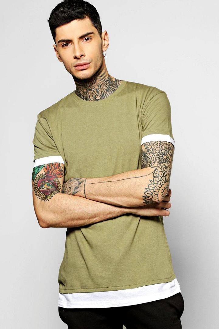 Boohoo Longline T Shirt With Faux Hem Khaki