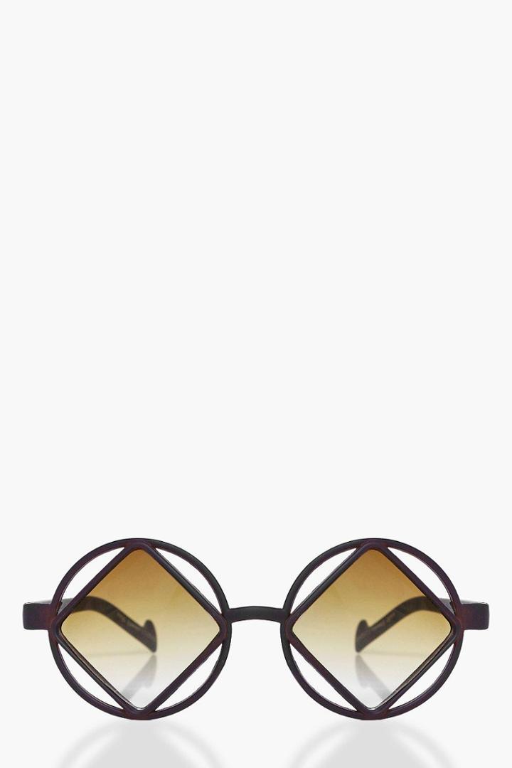 Boohoo Eva Diamond Cut Out Round Sunglasses Brown